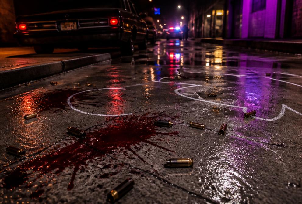 Night-time crime scene with spent bullet casings and blood on wet asphalt