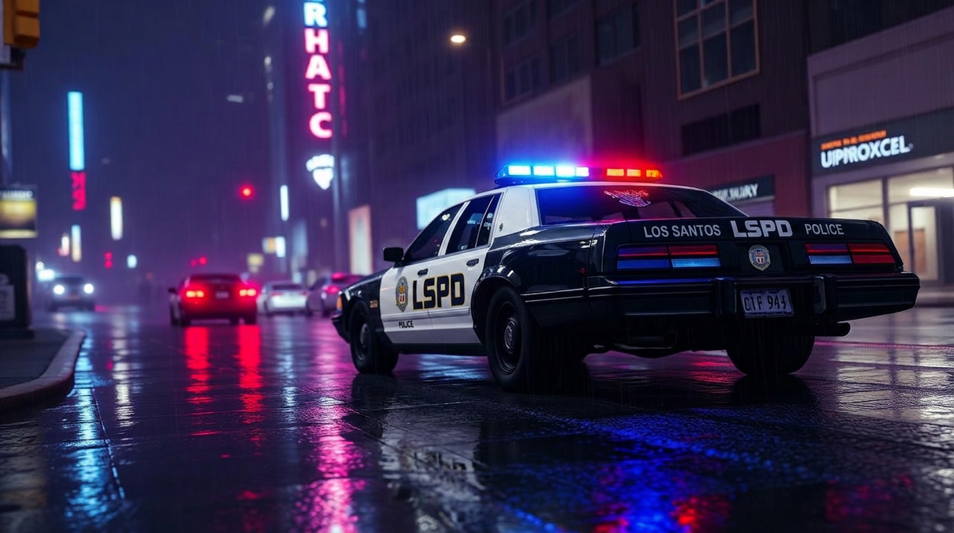 LSPD police cruiser with red and blue lights on a wet neon Los Santos street at night