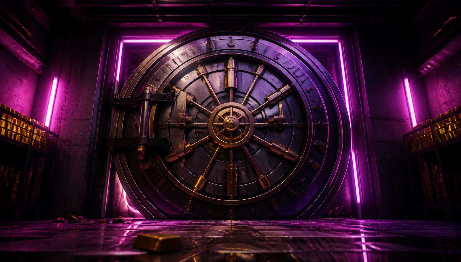 Neon-lit steel bank vault door deep underground, surrounded by gold bars